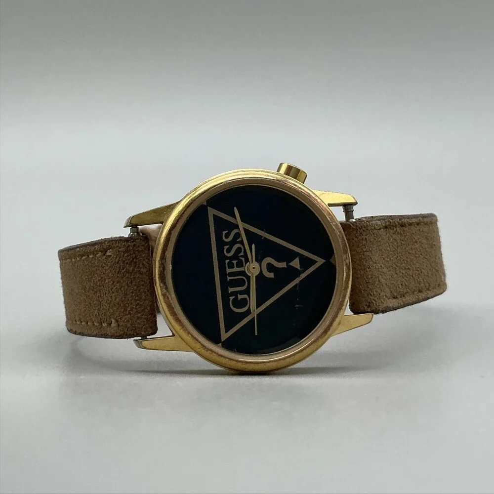 Vintage Guess 1991 Womens Watch 25mm Black Logo Dial Gold Tone New Battery